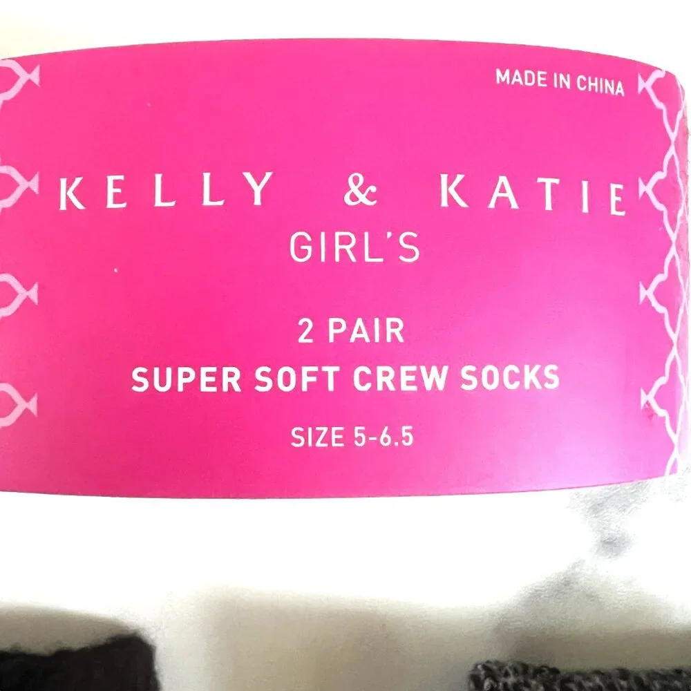 NWT Katie & Kelly Girls' 2 Pair Super Soft Crew Socks, Black/Gray, Size XS